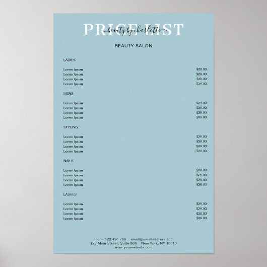 Modern Blue Price List Poster (Vorne)
