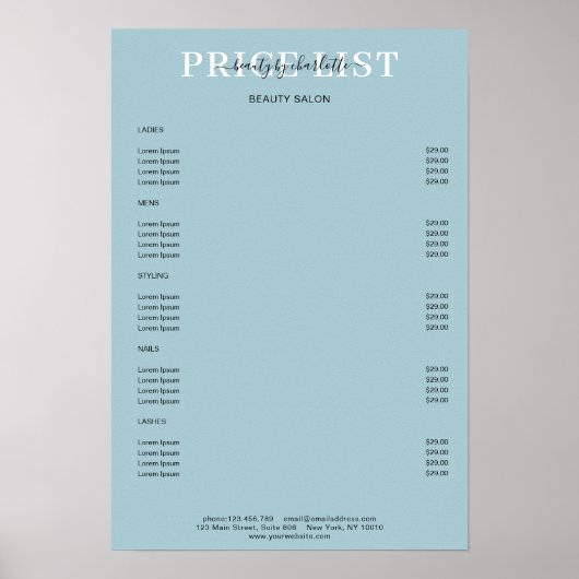 Modern Blue Price List Poster (Vorne)
