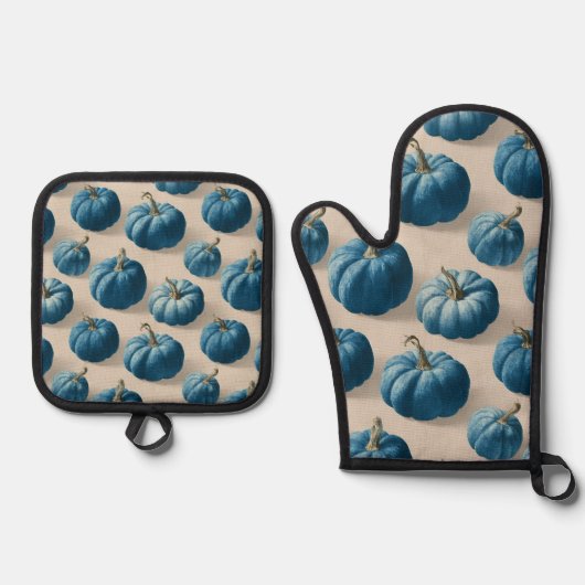 Modern Blue Pumpkin Fall Design Ofenhandschuh & Topflappen-Set (Vorderseite)