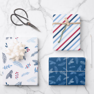 Modern Blue & Red Holiday Berry Wrapping Paper Geschenkpapier Set