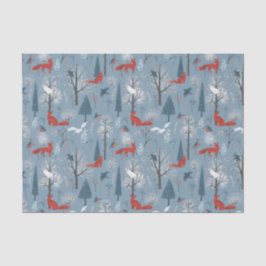 Modern Blue Red Nordic Winter Foxes Birds Pattern Seidenpapier