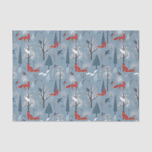 Modern Blue Red Nordic Winter Foxes Birds Pattern Seidenpapier (Vorderseite)