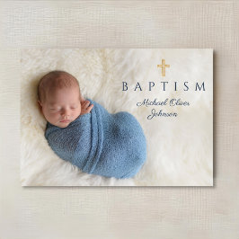 Modern Blue Religious Cross Boy Baptism Foto Einladung
