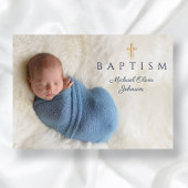 Modern Blue Religious Cross Boy Baptism Foto Einladung