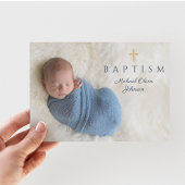 Modern Blue Religious Cross Boy Baptism Foto Einladung