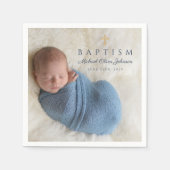 Modern Blue Religious Cross Boy Baptism Foto Serviette (Vorderseite)