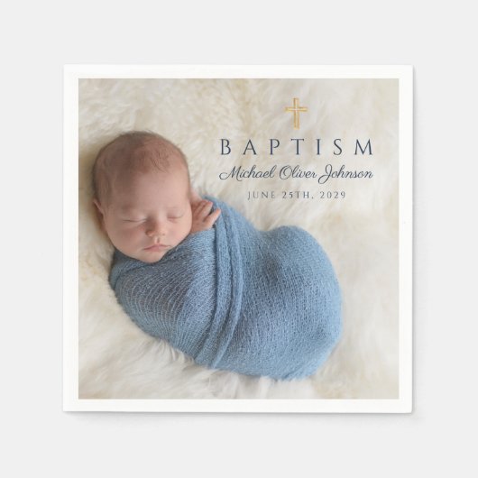 Modern Blue Religious Cross Boy Baptism Foto Serviette (Vorderseite)