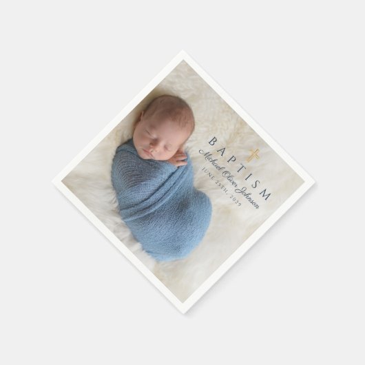 Modern Blue Religious Cross Boy Baptism Foto Serviette (Ecke)