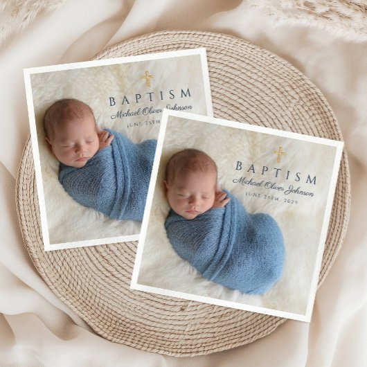 Modern Blue Religious Cross Boy Baptism Foto Serviette