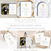 Modern Blue Religious Cross Boy First Communion Platzkarte