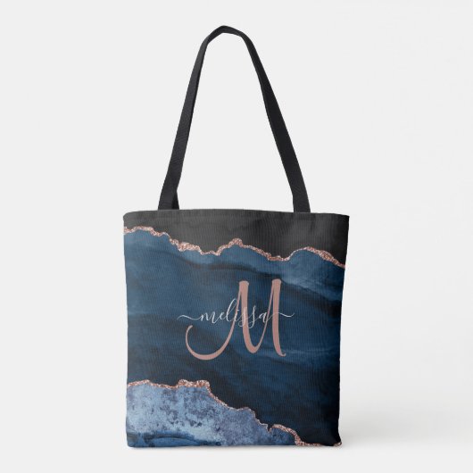 Modern Blue Rose Gold Glitzern Agate Monogram Name Tasche (Rückseite)