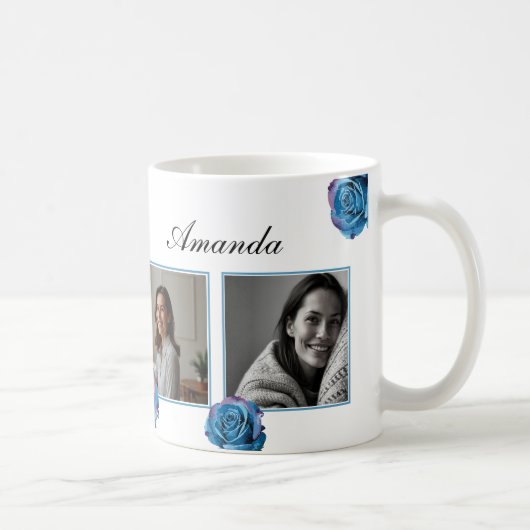 Modern Blue Rose Monogram Foto Collage Custom Mama Kaffeetasse (Rechts)