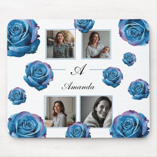 Modern Blue Rose Monogram Foto Collage Custom Mama Mousepad (Vorne)