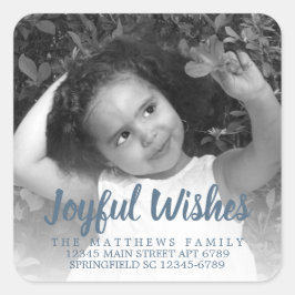 Modern Blue Rustic Joyful Wishs Foto Address Quadratischer Aufkleber