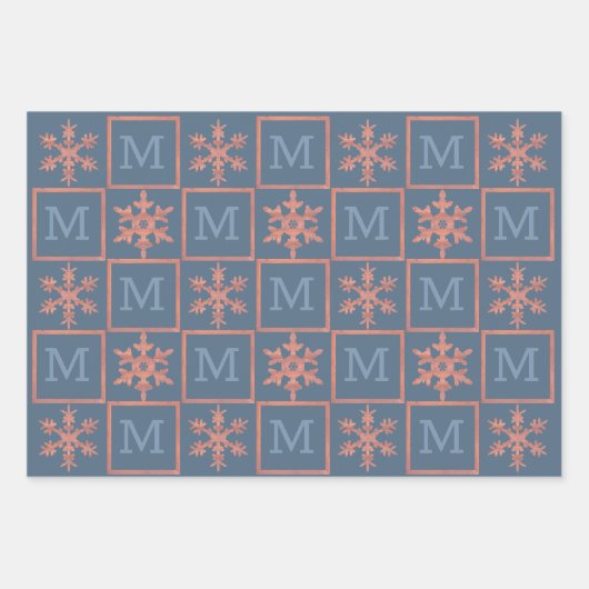 Modern Blue Rustic Snowflake Monogram Foto Geschenkpapier Set (Vorderseite 2)