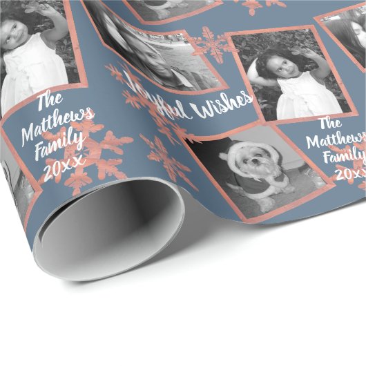 Modern Blue Rustic Snowflake Muster 3 Foto Geschenkpapier (Rolleneckpunkt)