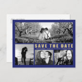 Modern Blue Save the Date Collage 4 Foto Postcard Ankündigungspostkarte (Vorne/Hinten)