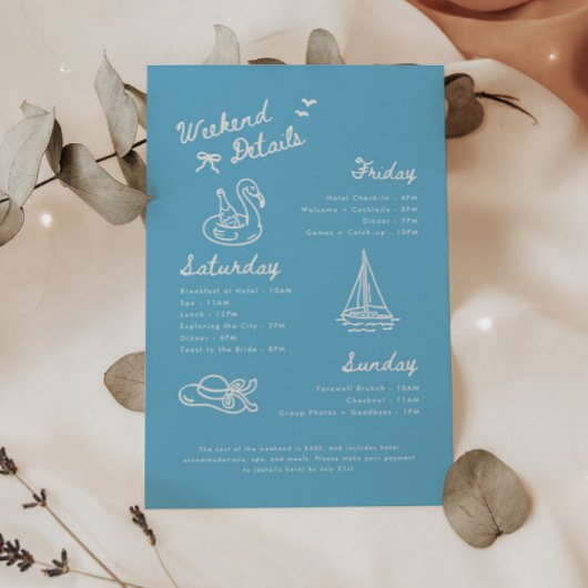 Modern Blue Script Bachelorette Weekend Details Begleitkarte
