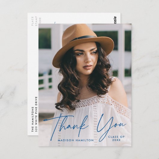 Modern Blue Script Foto Abschluss Vielen Dank Postkarte (Vorne/Hinten)