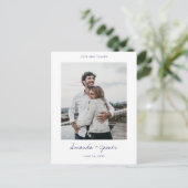 Modern Blue Script Foto Wedding Vielen Dank Postkarte (Stehend Vorderseite)