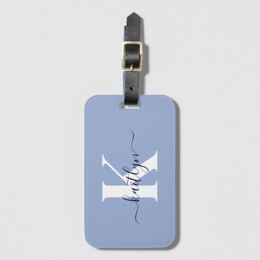Modern Blue Script Monogram Gepäckanhänger (Vorderseite Vertikal)