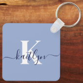 Modern Blue Script Monogram Schlüsselanhänger (Rückseite)