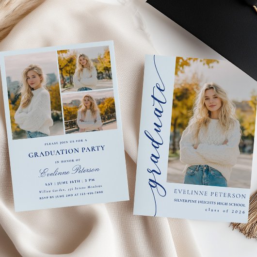 Modern Blue Script Photo Graduation Invitation Einladung