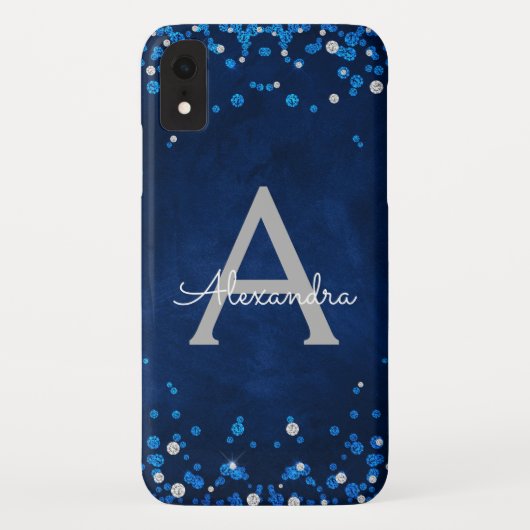 Modern Blue Silver Glitzer Confetti Monogram Case-Mate iPhone Hülle (Rückseite)