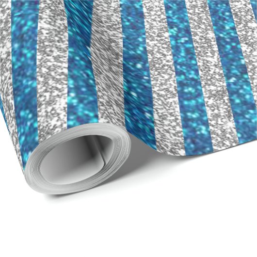 Modern Blue Silver Glitzer Stripes Muster Geschenkpapier (Rolleneckpunkt)