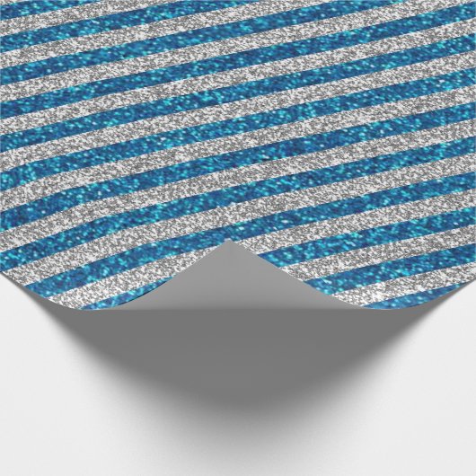 Modern Blue Silver Glitzer Stripes Muster Geschenkpapier (Ecke)