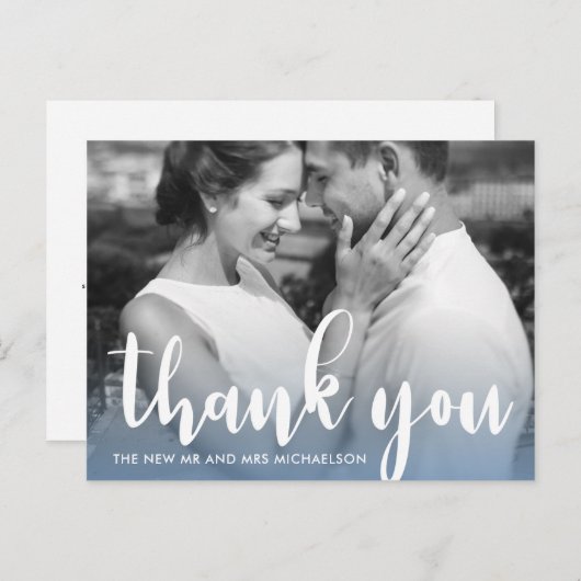 Modern Blue Simple Script Wedding Foto Vielen Dank Postkarte (Vorne/Hinten)