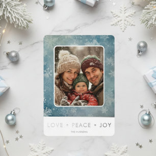 Modern Blue Snow Liebe Peace Joy Foto Weihnachten Folien Feiertagskarte