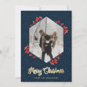 Modern Blue Snow Red Berries Foto Weihnachten (Vorderseite)