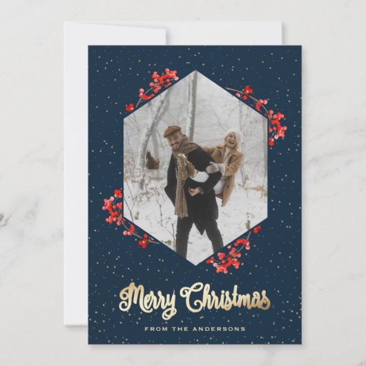 Modern Blue Snow Red Berries Foto Weihnachten (Vorderseite)