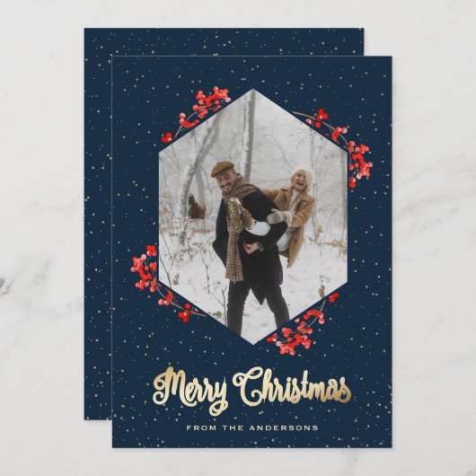 Modern Blue Snow Red Berries Foto Weihnachten (Vorne/Hinten)