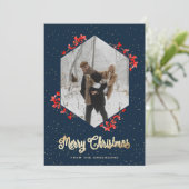 Modern Blue Snow Red Berries Foto Weihnachten (Stehend Vorderseite)