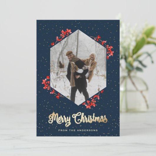 Modern Blue Snow Red Berries Foto Weihnachten (Stehend Vorderseite)