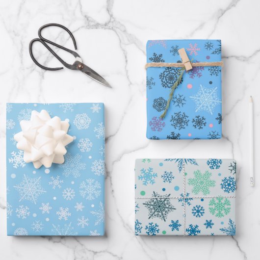 Modern Blue Snowflake Muster Set 3 Geschenkpapier Set (Vorderseite)
