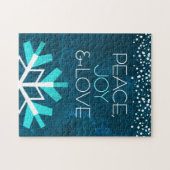 Modern Blue Snowflake Peace Joy Liebe Typografie Puzzle (Horizontal)