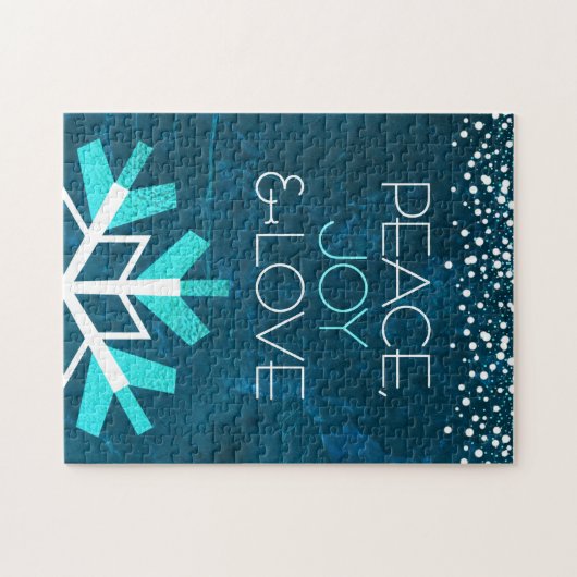 Modern Blue Snowflake Peace Joy Liebe Typografie Puzzle (Horizontal)