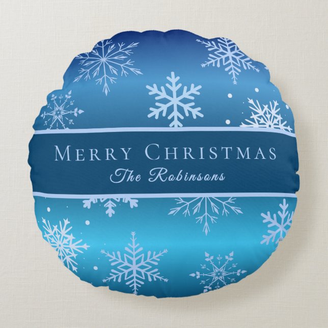 Modern Blue Snowflakes  Rundes Kissen (Vorderseite)