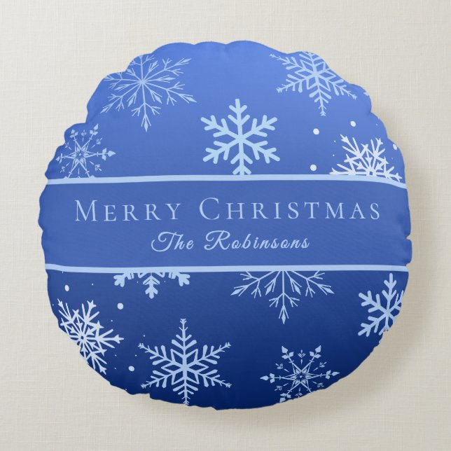 Modern Blue Snowflakes  Rundes Kissen (Vorderseite)
