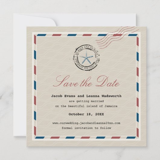 Modern Blue Starfish Antike Luftpost Save the Date (Vorderseite)