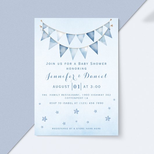 Modern Blue Starry Sky Baby Dusche Pennant Bunting Einladung