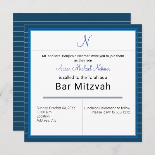 Modern Blue Strip Monogramm Bar Mitzvah Einladung (Vorne/Hinten)