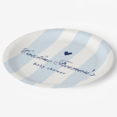 Modern Blue Stripe Heart Valentine Baby Shower Pappteller (Schrägansicht)