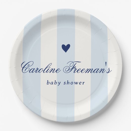 Modern Blue Stripe Heart Valentine Baby Shower Pappteller (Vorderseite)
