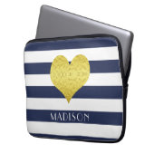 Modern Blue Stripes Muster Gold Herz Laptopschutzhülle (Vorderseite Links)
