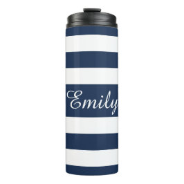 Modern Blue Stripes Script Thermosbecher
