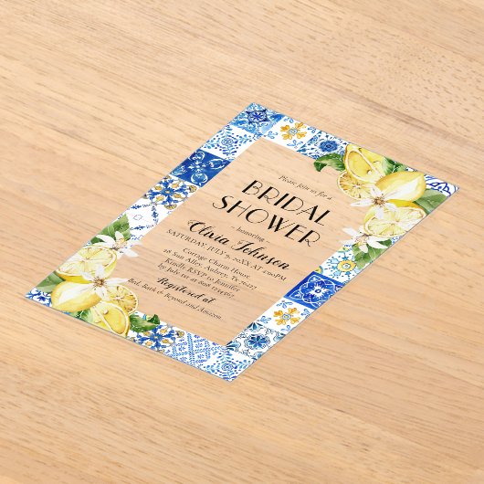 Modern Blue Tile Lemon Italienisches Brautparty Acryleinladungen (Ablage )